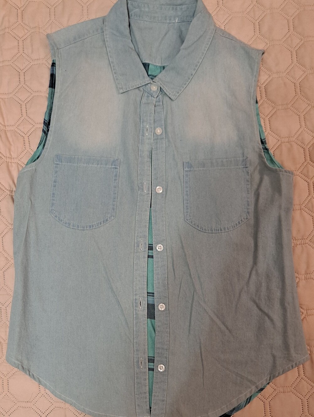 Light Wash Sleeveless Denim Button-Down Shirt